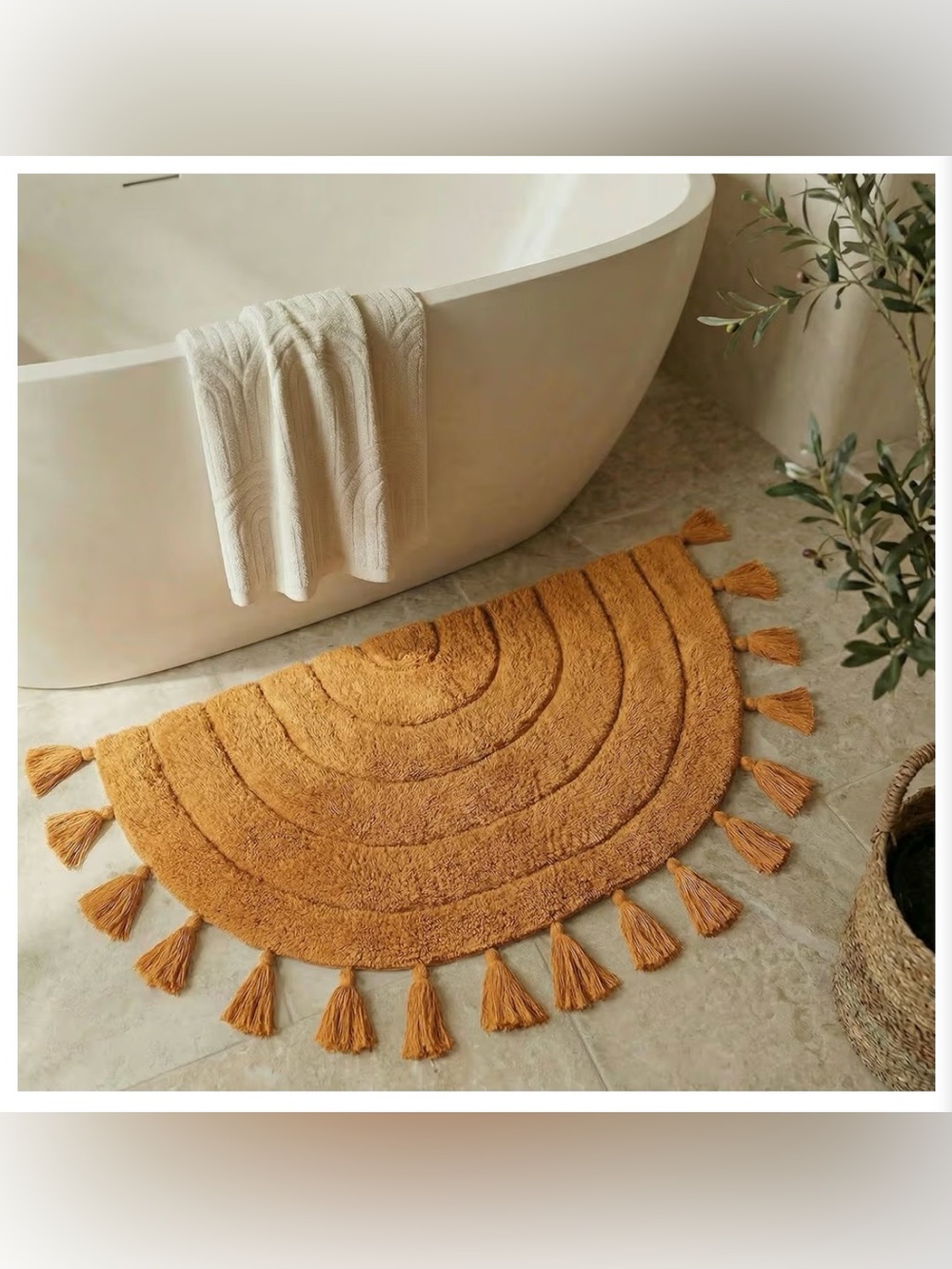 Boho Ochre Tassel Half-Moon Bath Rug - Soft Absorbent Bathroom Mat